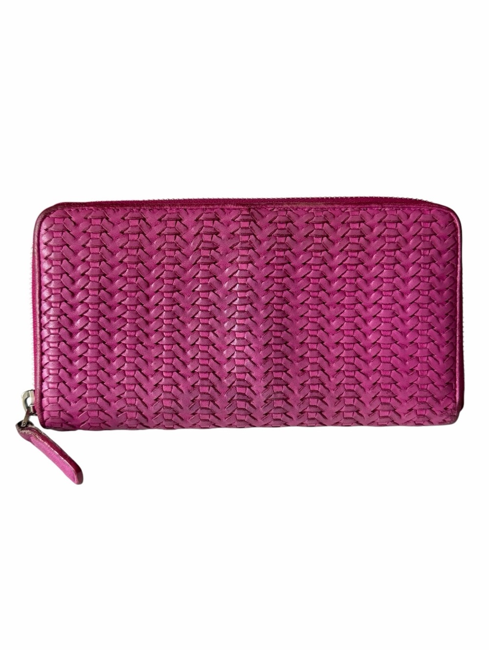 Christian Dior Woven Leather Zip Around Long Wallet Fuchsia Pink